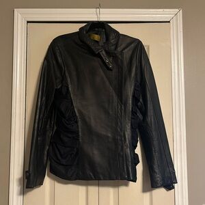 Nicole Miller Black Fabric And Genuine Leather Moto Jacket with Gold Label
